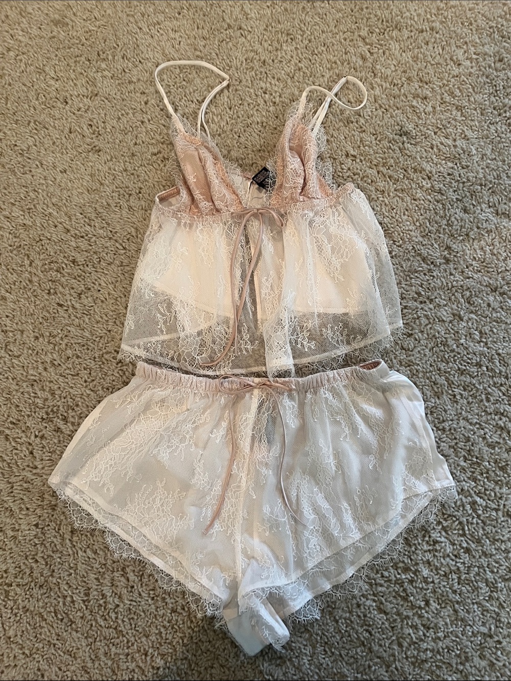 Victoria's Secret Sheer Lace Cami & Shorts Set -  silky satin with lace